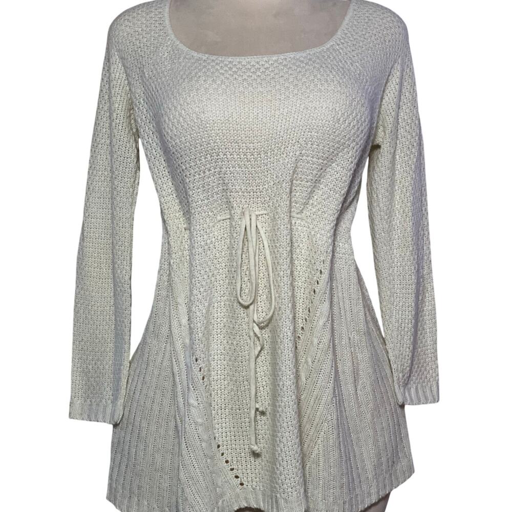 Women's Cream Long Sleeve Knit Drawstring Tunic Top